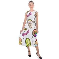 Doodle Cartoon Drawn Cone Food Midi Tie-back Chiffon Dress