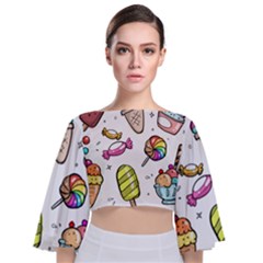 Doodle Cartoon Drawn Cone Food Tie Back Butterfly Sleeve Chiffon Top