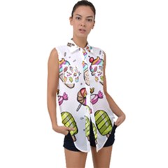 Doodle Cartoon Drawn Cone Food Sleeveless Chiffon Button Shirt