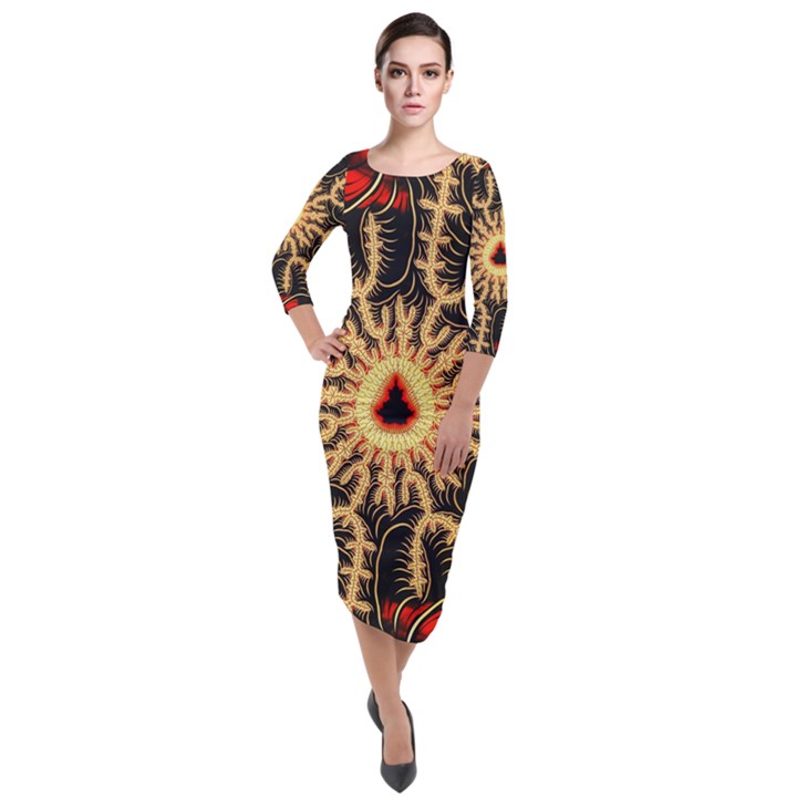 Fractal Julia Mandelbrot Art Quarter Sleeve Midi Velour Bodycon Dress