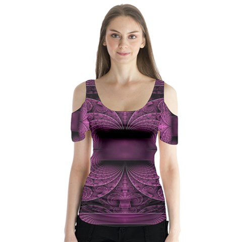 Fractal Magenta Pattern Geometry Butterfly Sleeve Cutout Tee  by Pakrebo