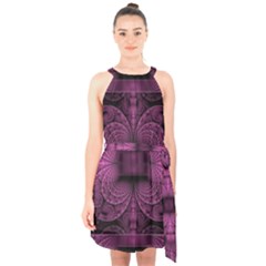 Fractal Magenta Pattern Geometry Halter Collar Waist Tie Chiffon Dress by Pakrebo