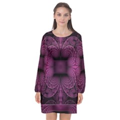 Fractal Magenta Pattern Geometry Long Sleeve Chiffon Shift Dress  by Pakrebo