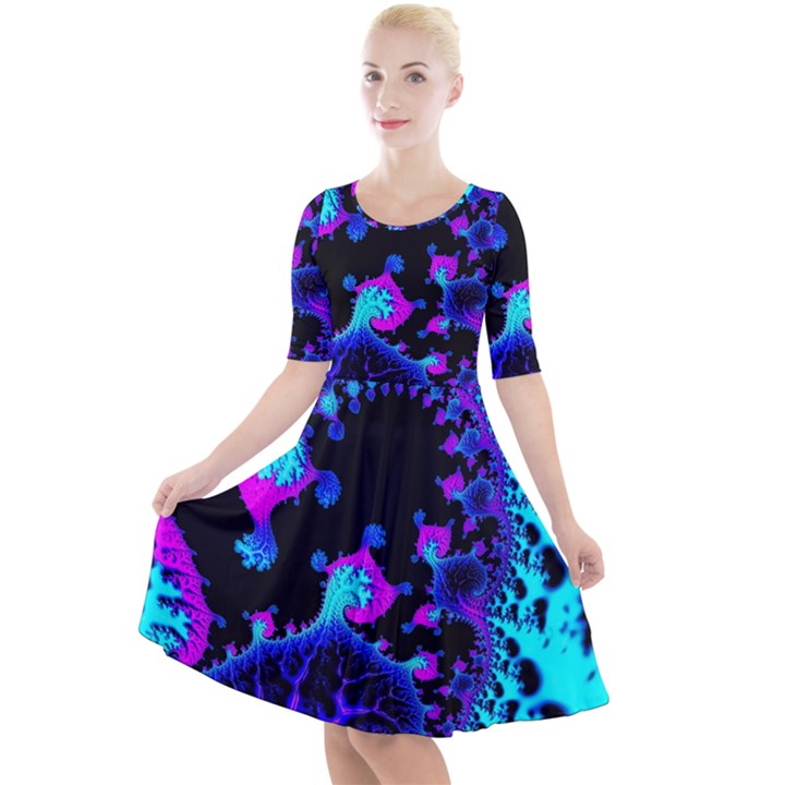 Fractal Pattern Spiral Abstract Quarter Sleeve A-Line Dress