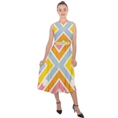 Line Pattern Cross Print Repeat Midi Tie-back Chiffon Dress