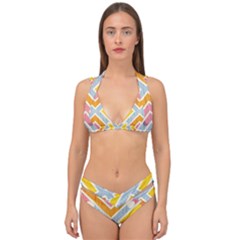 Line Pattern Cross Print Repeat Double Strap Halter Bikini Set