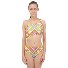 Line Pattern Cross Print Repeat Spliced Up Two Piece Swimsuit