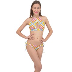 Line Pattern Cross Print Repeat Cross Front Halter Bikini Set