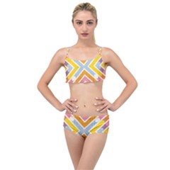 Line Pattern Cross Print Repeat Layered Top Bikini Set