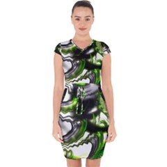 Fractal Green Trumpet Trump Capsleeve Drawstring Dress  by Pakrebo