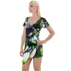 Fractal Green Trumpet Trump Short Sleeve Asymmetric Mini Dress