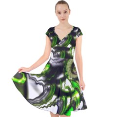 Fractal Green Trumpet Trump Cap Sleeve Front Wrap Midi Dress