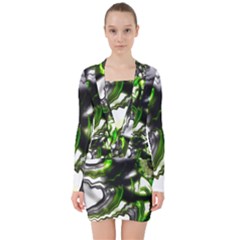 Fractal Green Trumpet Trump V-neck Bodycon Long Sleeve Dress