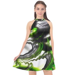 Fractal Green Trumpet Trump Halter Neckline Chiffon Dress 