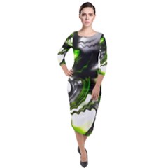 Fractal Green Trumpet Trump Quarter Sleeve Midi Velour Bodycon Dress