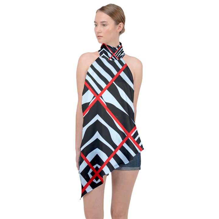 Model Abstract Texture Geometric Halter Asymmetric Satin Top