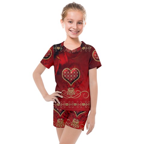 Wonderful Heart With Roses Kids  Mesh Tee And Shorts Set by FantasyWorld7