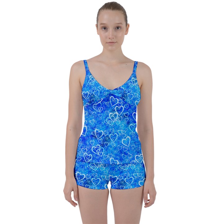 Valentine Heart Love Blue Tie Front Two Piece Tankini