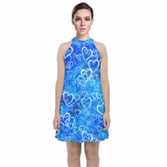 Valentine Heart Love Blue Velvet Halter Neckline Dress 