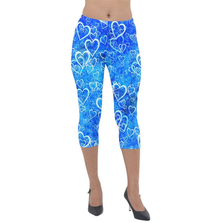 Valentine Heart Love Blue Lightweight Velour Capri Leggings 