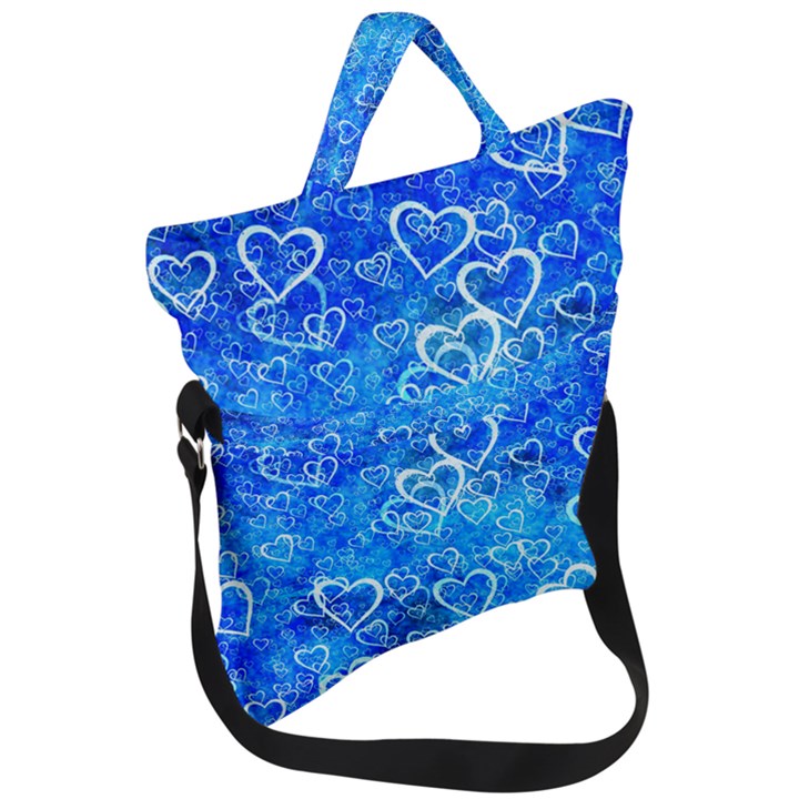 Valentine Heart Love Blue Fold Over Handle Tote Bag