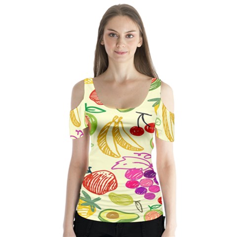 Seamless Pattern Fruit Butterfly Sleeve Cutout Tee  by Mariart