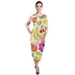 Seamless Pattern Fruit Quarter Sleeve Midi Velour Bodycon Dress