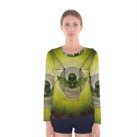 Awesome Creepy Skull With Wings Women s Long Sleeve Tee by FantasyWorld7