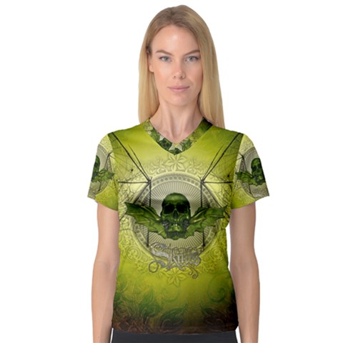 Awesome Creepy Skull With Wings V-neck Sport Mesh Tee by FantasyWorld7