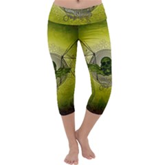 Awesome Creepy Skull With Wings Capri Yoga Leggings by FantasyWorld7