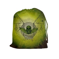 Awesome Creepy Skull With Wings Drawstring Pouch (xl) by FantasyWorld7