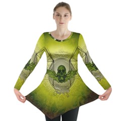 Awesome Creepy Skull With Wings Long Sleeve Tunic  by FantasyWorld7