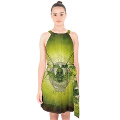 Awesome Creepy Skull With Wings Halter Collar Waist Tie Chiffon Dress by FantasyWorld7