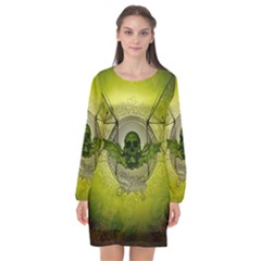 Awesome Creepy Skull With Wings Long Sleeve Chiffon Shift Dress  by FantasyWorld7