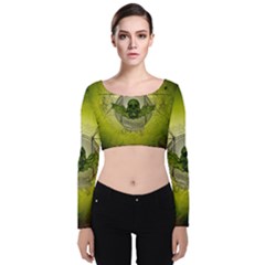 Awesome Creepy Skull With Wings Velvet Long Sleeve Crop Top by FantasyWorld7