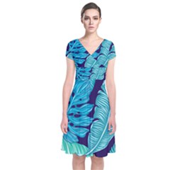 Tropical Greens Leaves Banana Short Sleeve Front Wrap Dress by Mariart