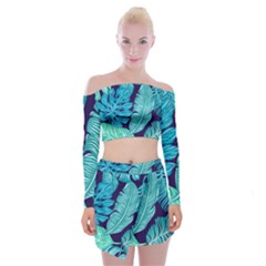 Tropical Greens Leaves Banana Off Shoulder Top With Mini Skirt Set by Mariart