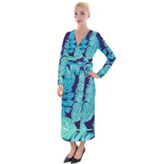 Tropical Greens Leaves Banana Velvet Maxi Wrap Dress