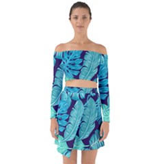 Tropical Greens Leaves Banana Off Shoulder Top With Skirt Set