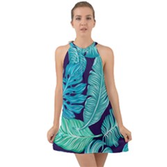 Tropical Greens Leaves Banana Halter Tie Back Chiffon Dress by Mariart