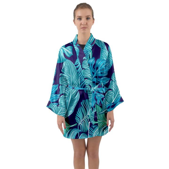 Tropical Greens Leaves Banana Long Sleeve Kimono Robe