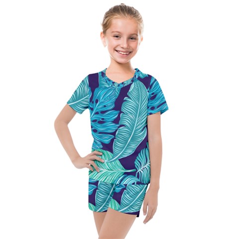 Tropical Greens Leaves Banana Kids  Mesh Tee And Shorts Set by Mariart