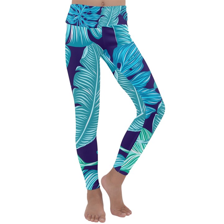 Tropical Greens Leaves Banana Kids  Lightweight Velour Classic Yoga Leggings