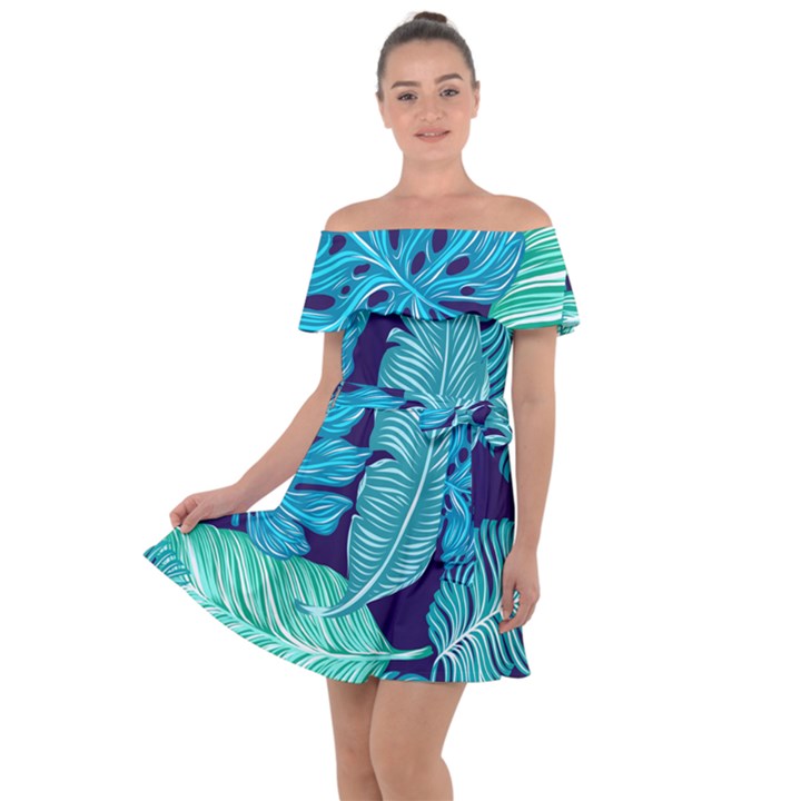 Tropical Greens Leaves Banana Off Shoulder Velour Dress