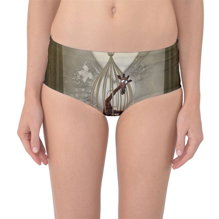 Funny Giraffe With Herats And Butterflies Mid-Waist Bikini Bottoms