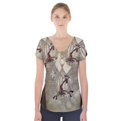 Funny Giraffe With Herats And Butterflies Short Sleeve Front Detail Top by FantasyWorld7