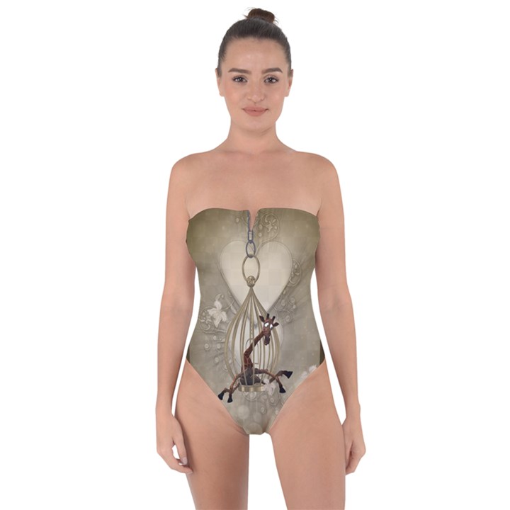 Funny Giraffe With Herats And Butterflies Tie Back One Piece Swimsuit