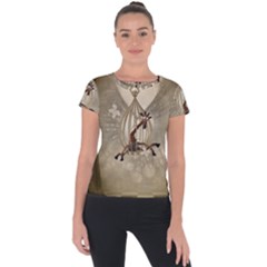 Funny Giraffe With Herats And Butterflies Short Sleeve Sports Top  by FantasyWorld7