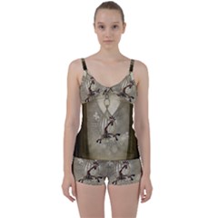 Funny Giraffe With Herats And Butterflies Tie Front Two Piece Tankini by FantasyWorld7