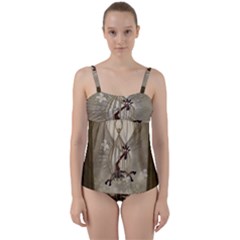 Funny Giraffe With Herats And Butterflies Twist Front Tankini Set by FantasyWorld7